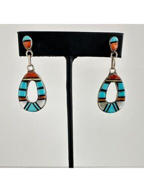 Zuni Sterling Silver Inlay Teardrop Dangle Earrings Turquoise Spiny Oyster Onyx